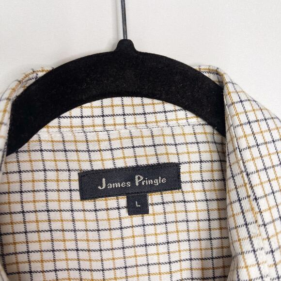 James Pringle Mens Large Cream Yellow Plaid Flannel Dress Shirt Cotton Blend - Picture 3 of 8